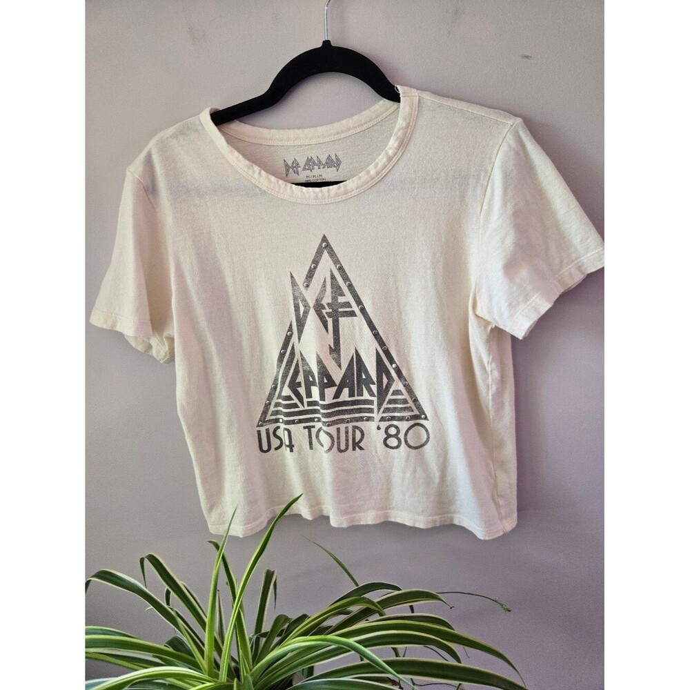 Def Leppard Studded USA Tour '80 Graphic Crop Tee Cream Medium